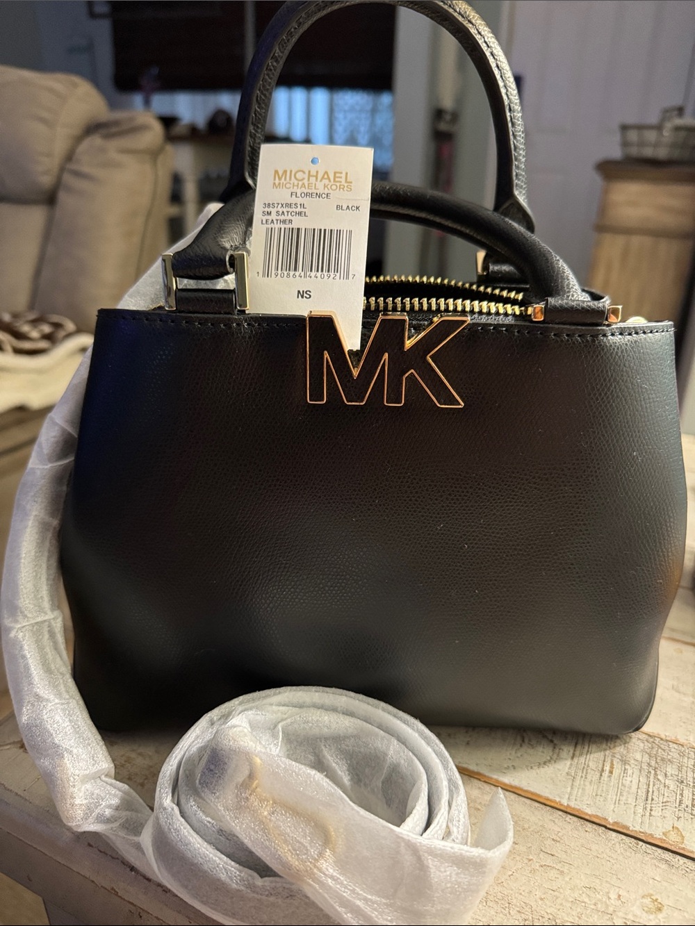 Michael Kors Black Leather MK Logo/Florence Satchel with Gold Hardware